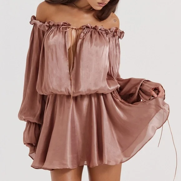 House of CB Womens Hazelnut Chaya Off-The-Shoulder Woven Mini Dress Xs